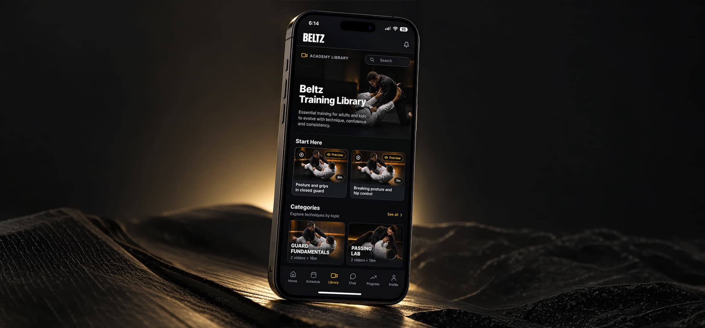 The BELTZ student app, open on the training library